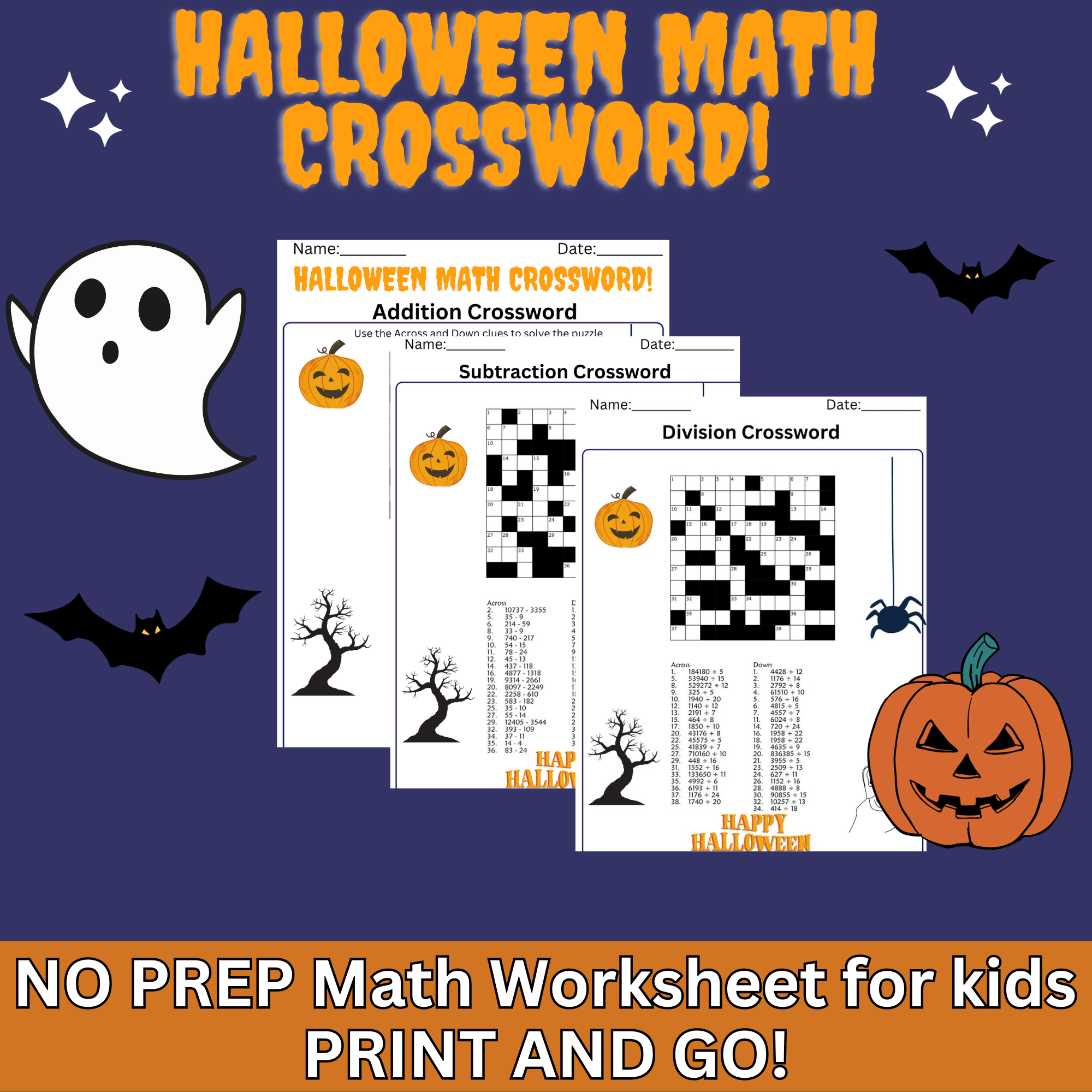 NO PREP Halloween Math Crossword Addition Subtraction Puzzles Halloween Craft Digital Resource Instant Download Halloween Gift For Kids Classful