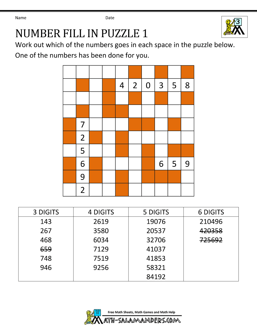Number Fill In Puzzles