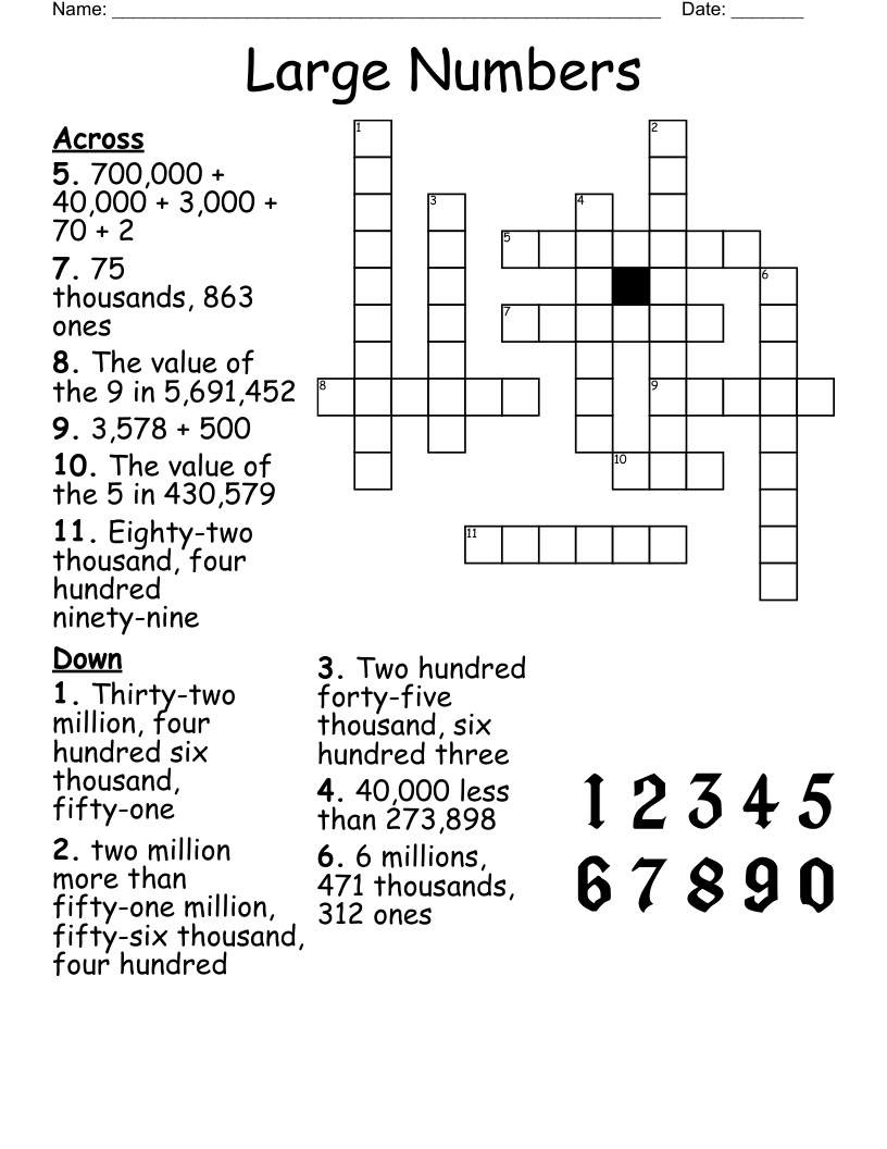 Printable Number Crossword Puzzles