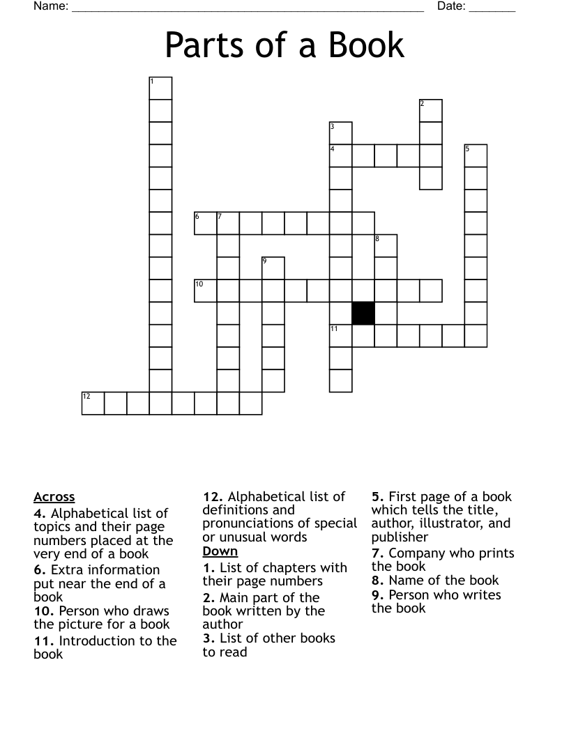 Parts Of A Book Crossword WordMint