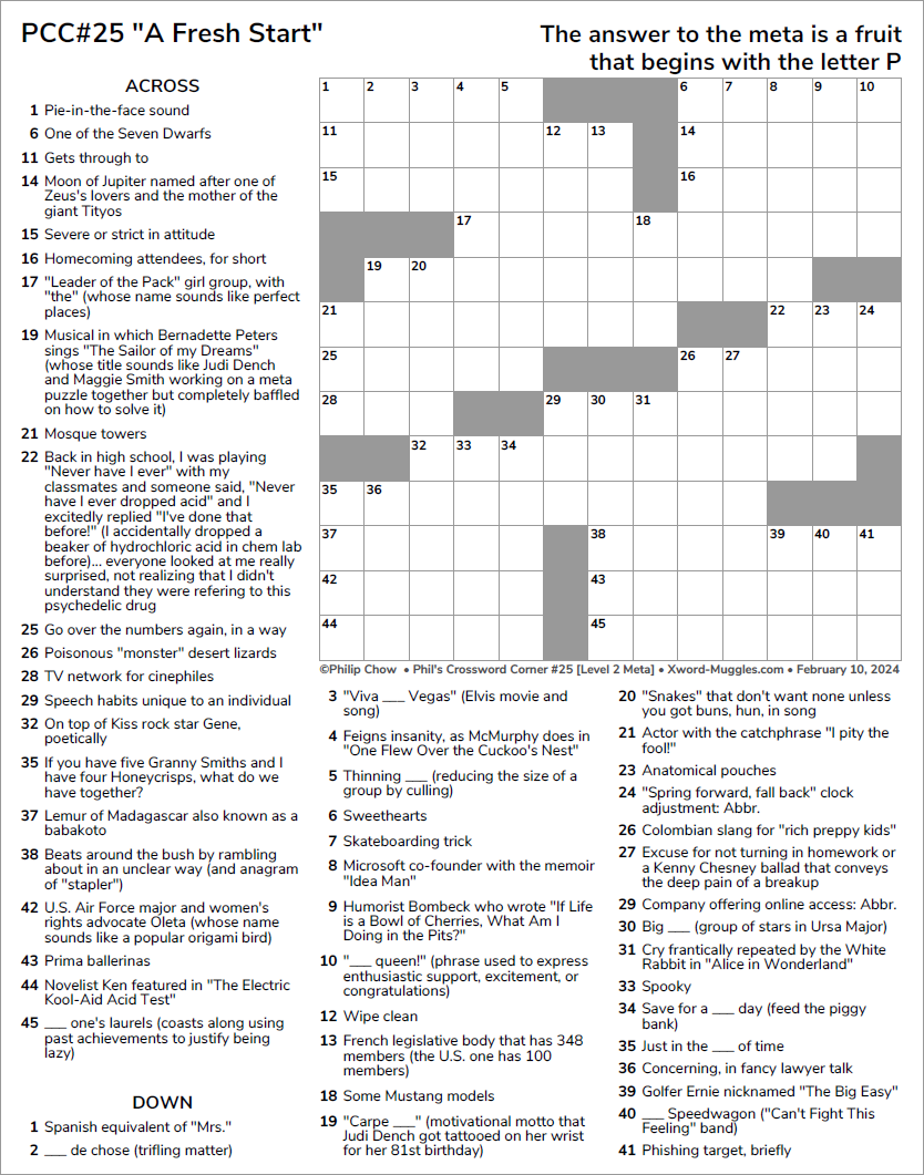 PCC 25 A Fresh Start Feb 10 2024 XWord Muggles Forum