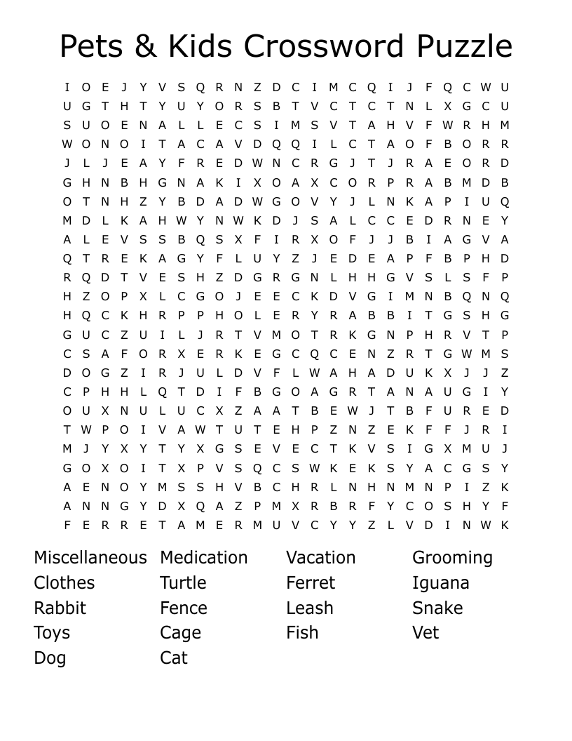 Pets U0026 Kids Crossword Puzzle Word Search WordMint
