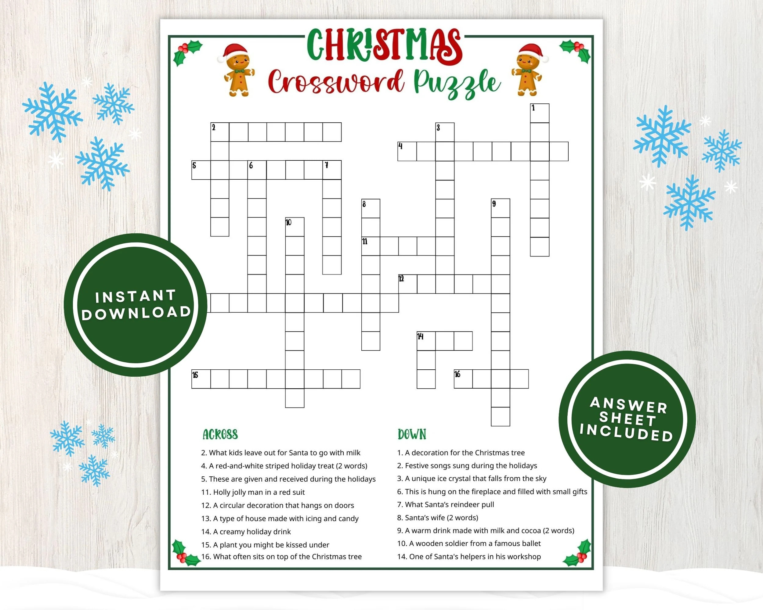 Printable Christmas Crossword Puzzle For Kids And Adults Fun Christmas Word Game For Holiday Parties And Classrooms Instant Download Etsy UK