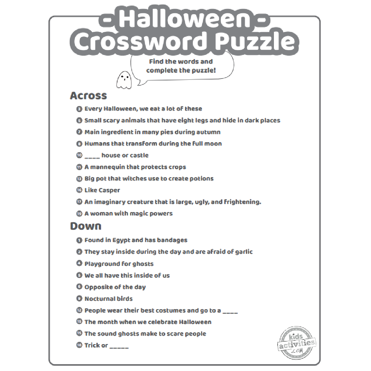 Kids Halloween Crossword Puzzles Printable