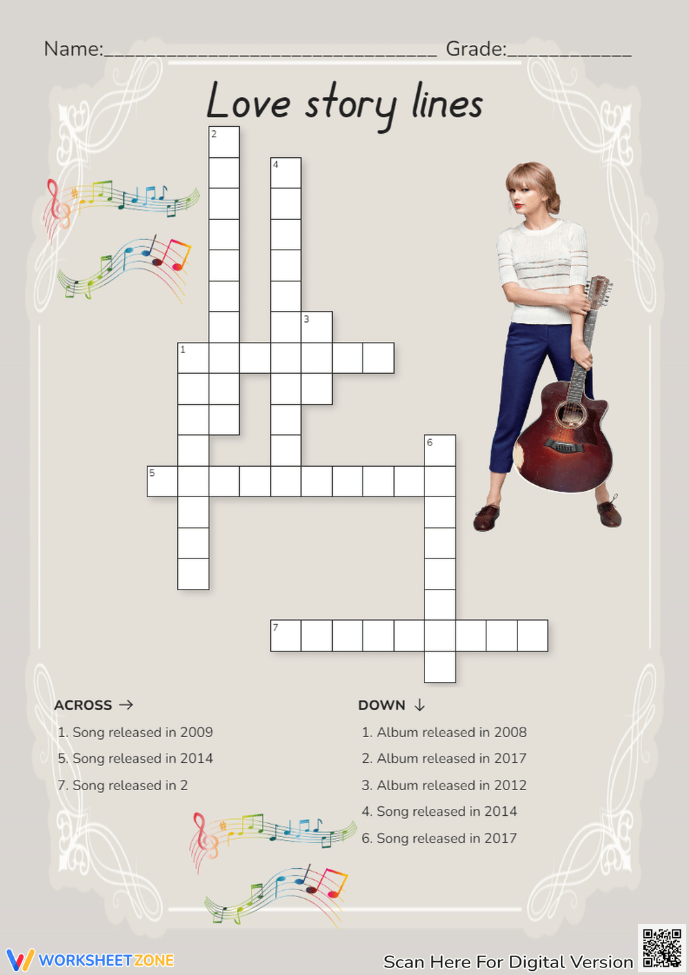 Printable Taylor Swift Crossword Worksheets