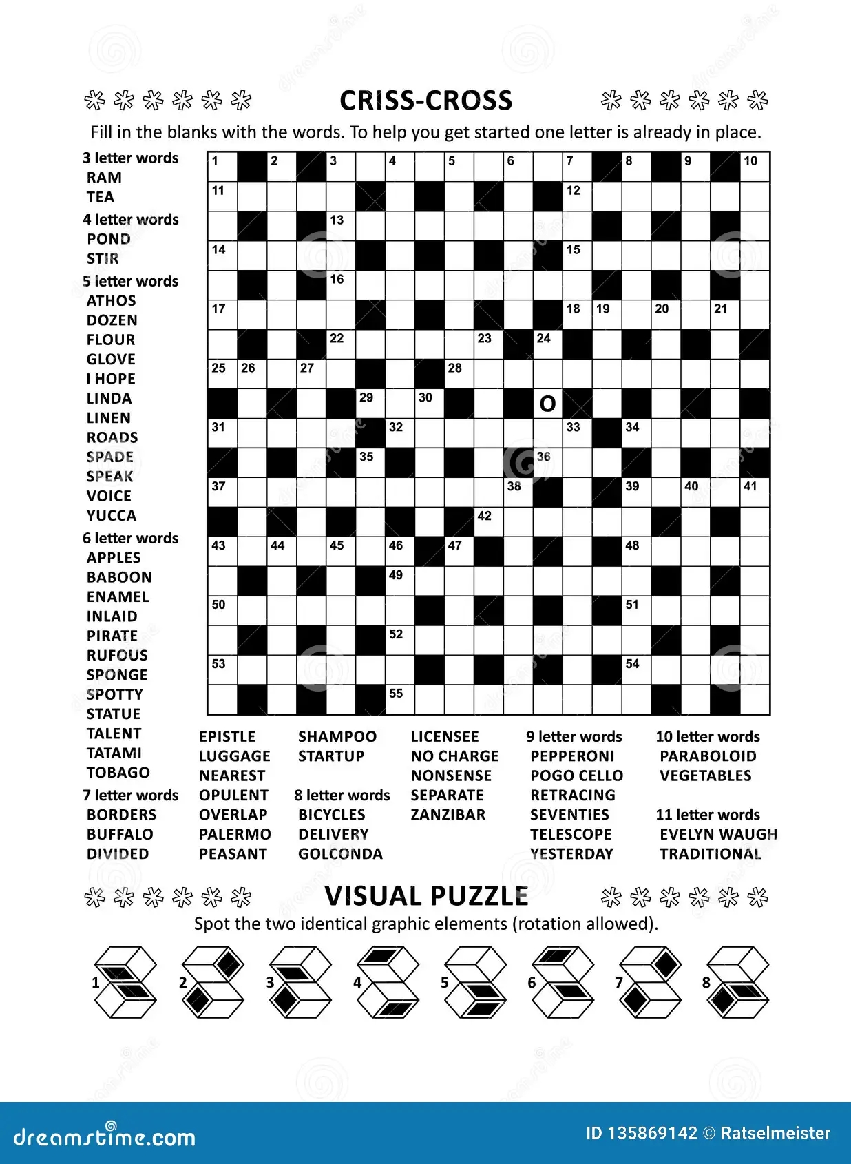 Puzzle Page With Crossword Word Game And Picture Riddle Stock 
