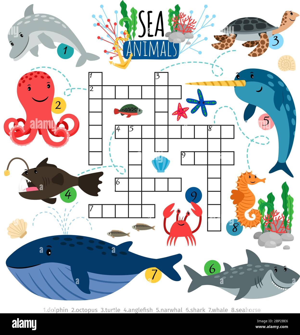 Sea Crossword Ocean Animals Crosswords Game For Kids Vector Brainteaser Word Puzzle With Dolphin And Whale Octopus And Turtle Stock Vector Image Art Alamy
