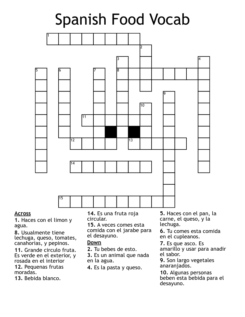 Spanish Food Vocab Crossword WordMint