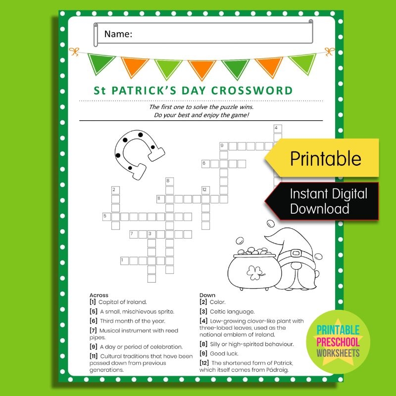 St Patrick s Day Crossword Puzzle Printable Game For St Paddy s Day Made By Teachers