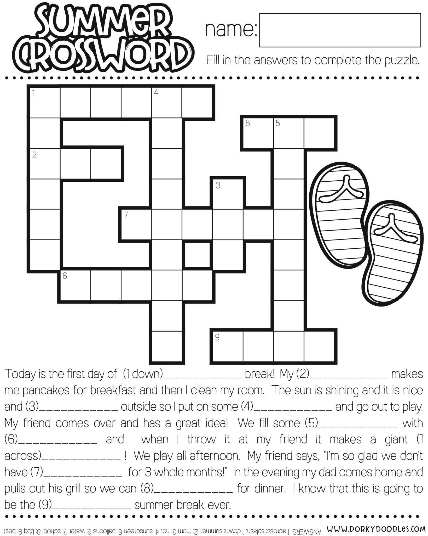Summer Break Crossword Puzzle Printable Dorky Doodles Worksheets Library
