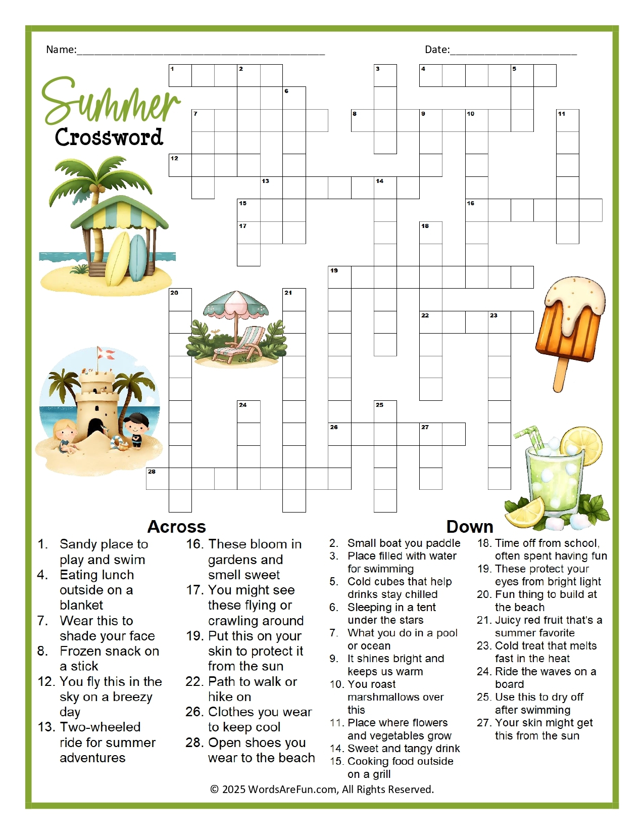 Summer Crossword Puzzle Printable