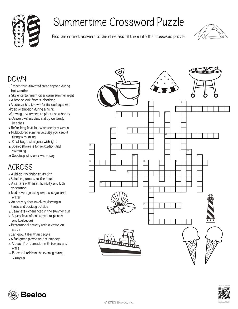 Summertime Crossword Puzzle Beeloo Printable Crafts And Activities For Kids