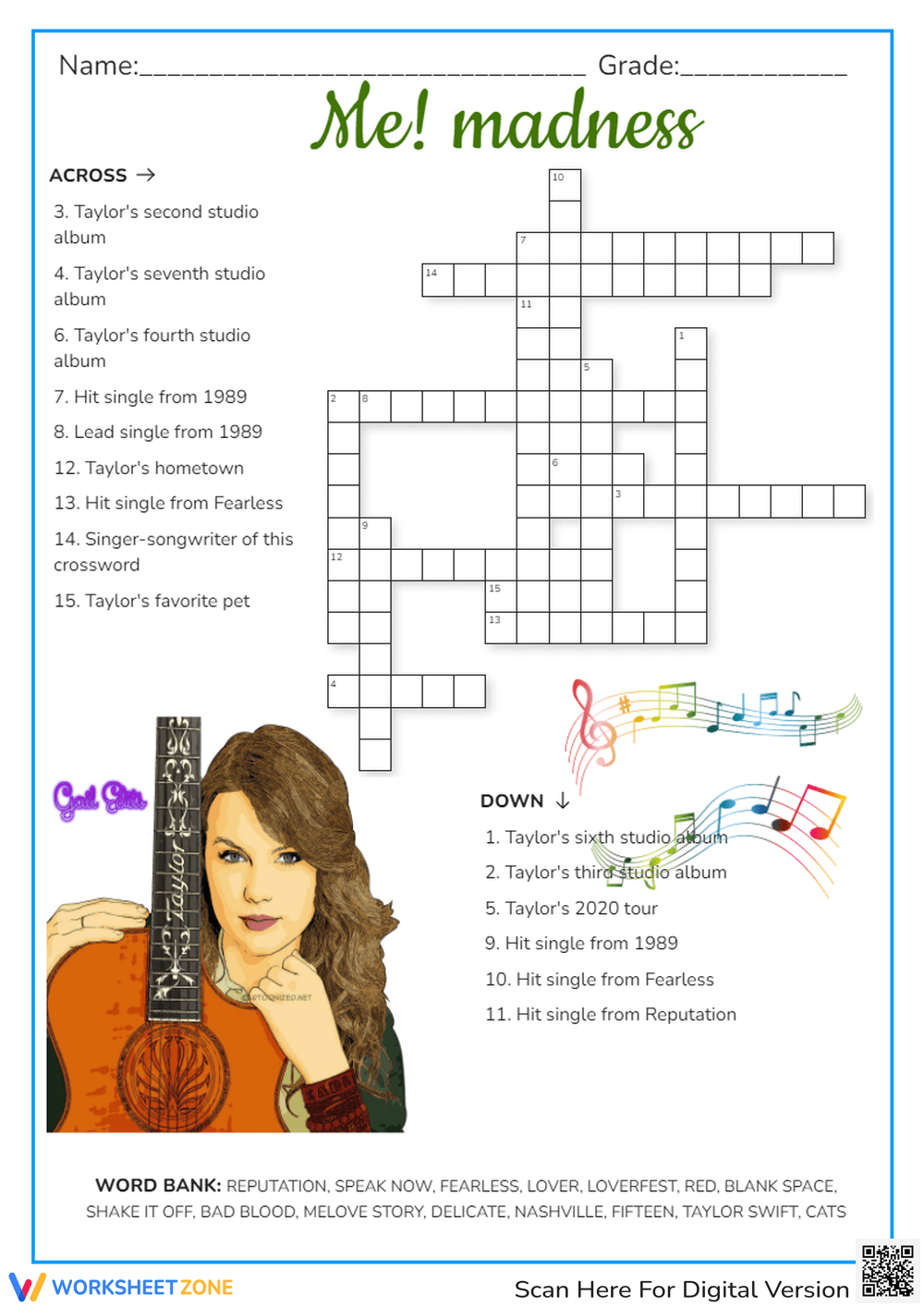 Taylor Swift Crossword Worksheets 2025