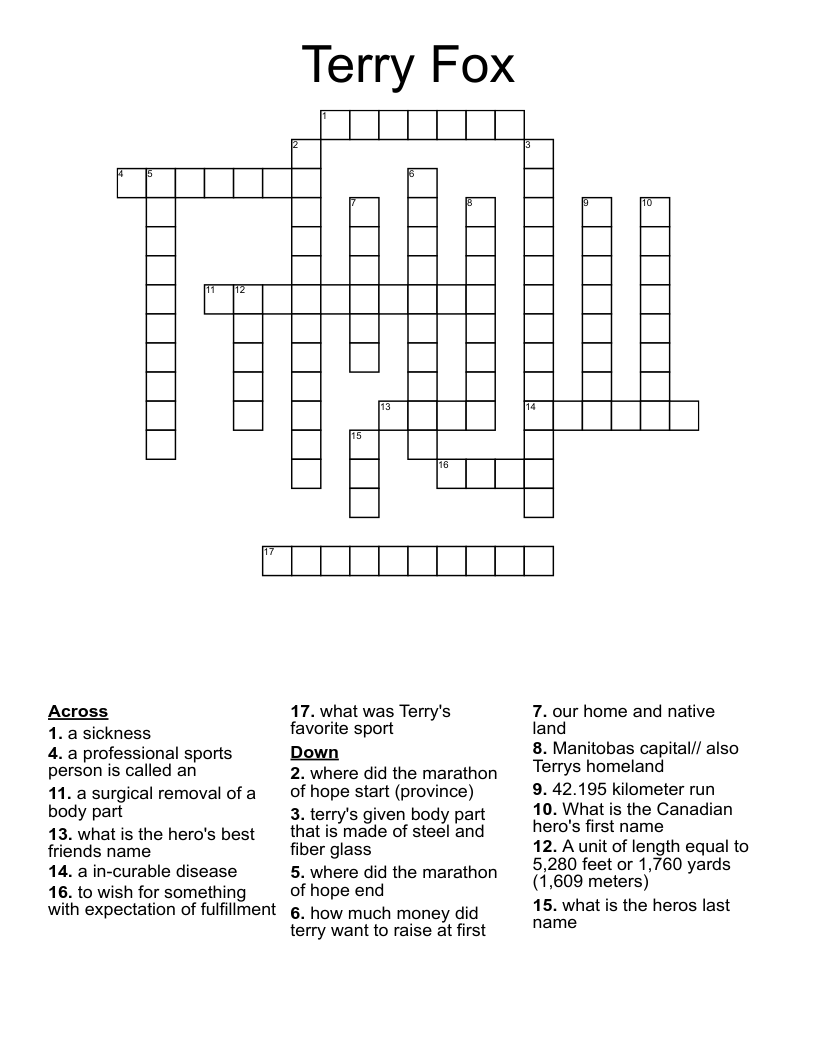 Terry Fox Crossword WordMint