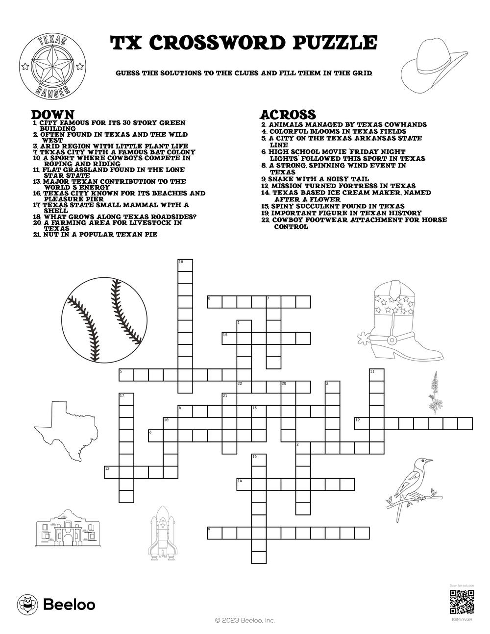 Texas themed Crossword Puzzles Beeloo Printable Crafts And Activities For Kids