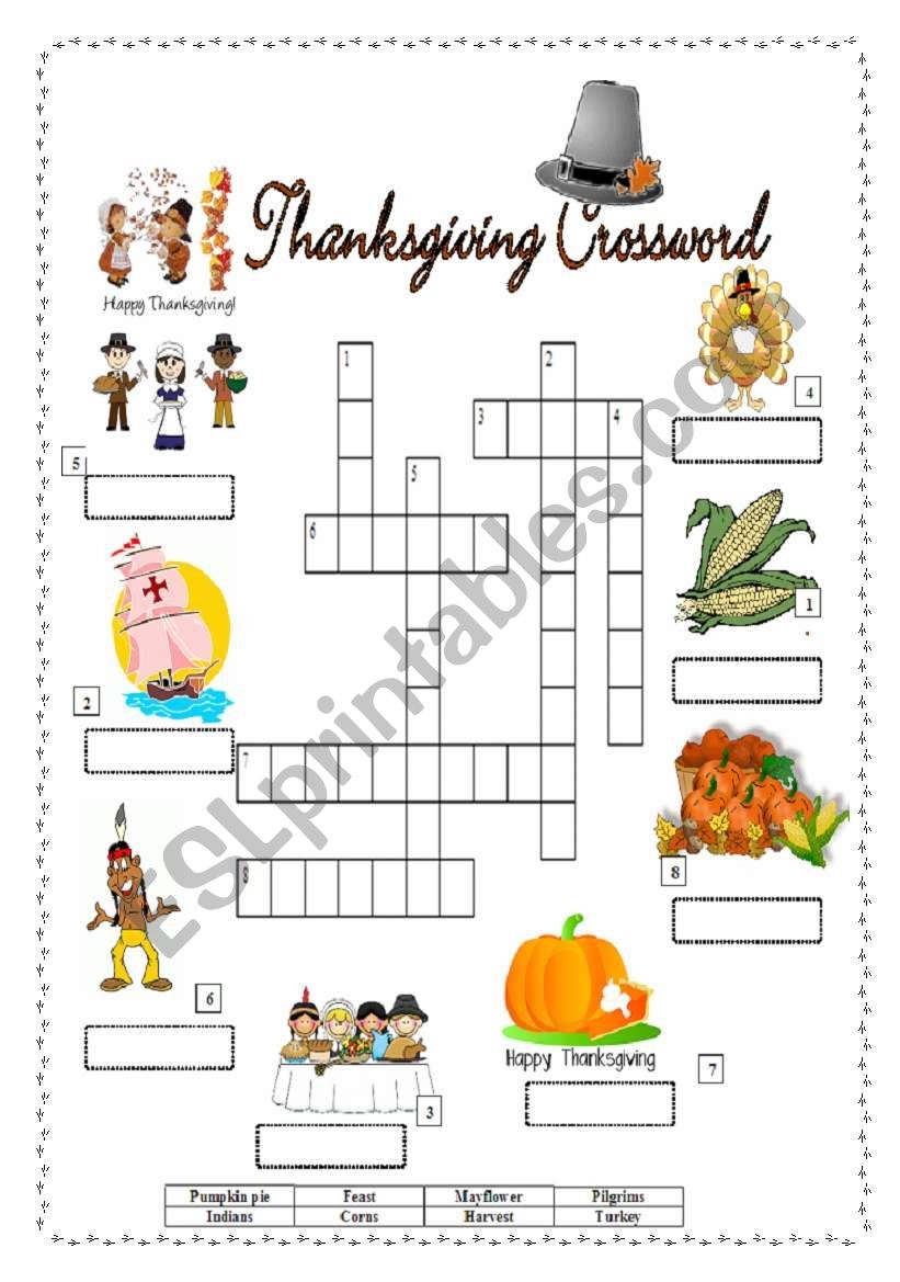 Thanksgiving Crossword ESL Worksheet By Sandrinef