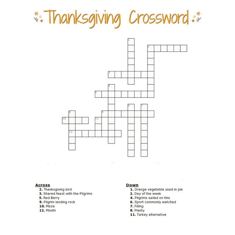 Thanksgiving Crossword Puzzle FREE Printable For Kids Or Adults