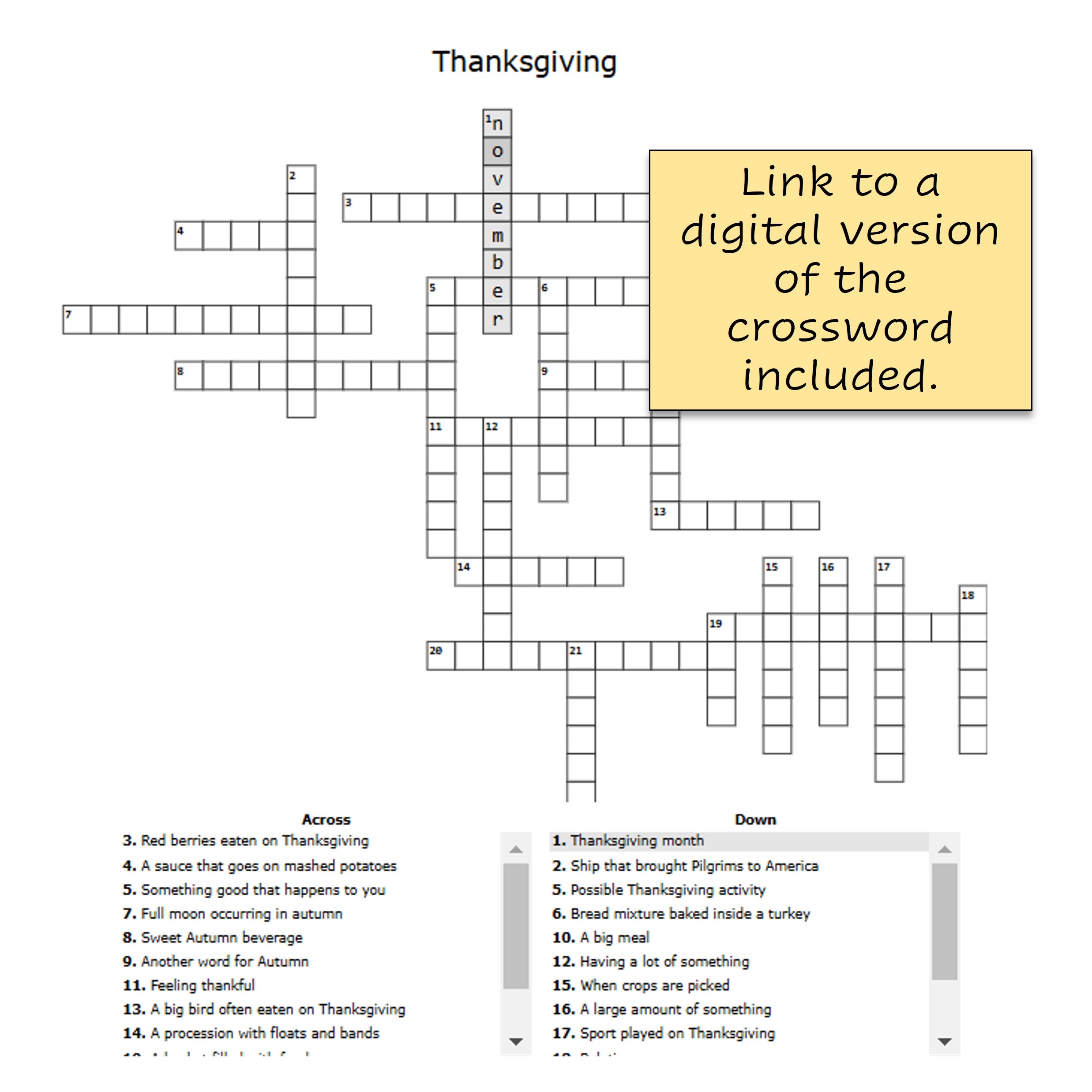 Thanksgiving Crossword Puzzle U0026 Coloring Page With Word Bank Printable U0026 Digital 3rd Grade 4th Grade 5th Grade Classful