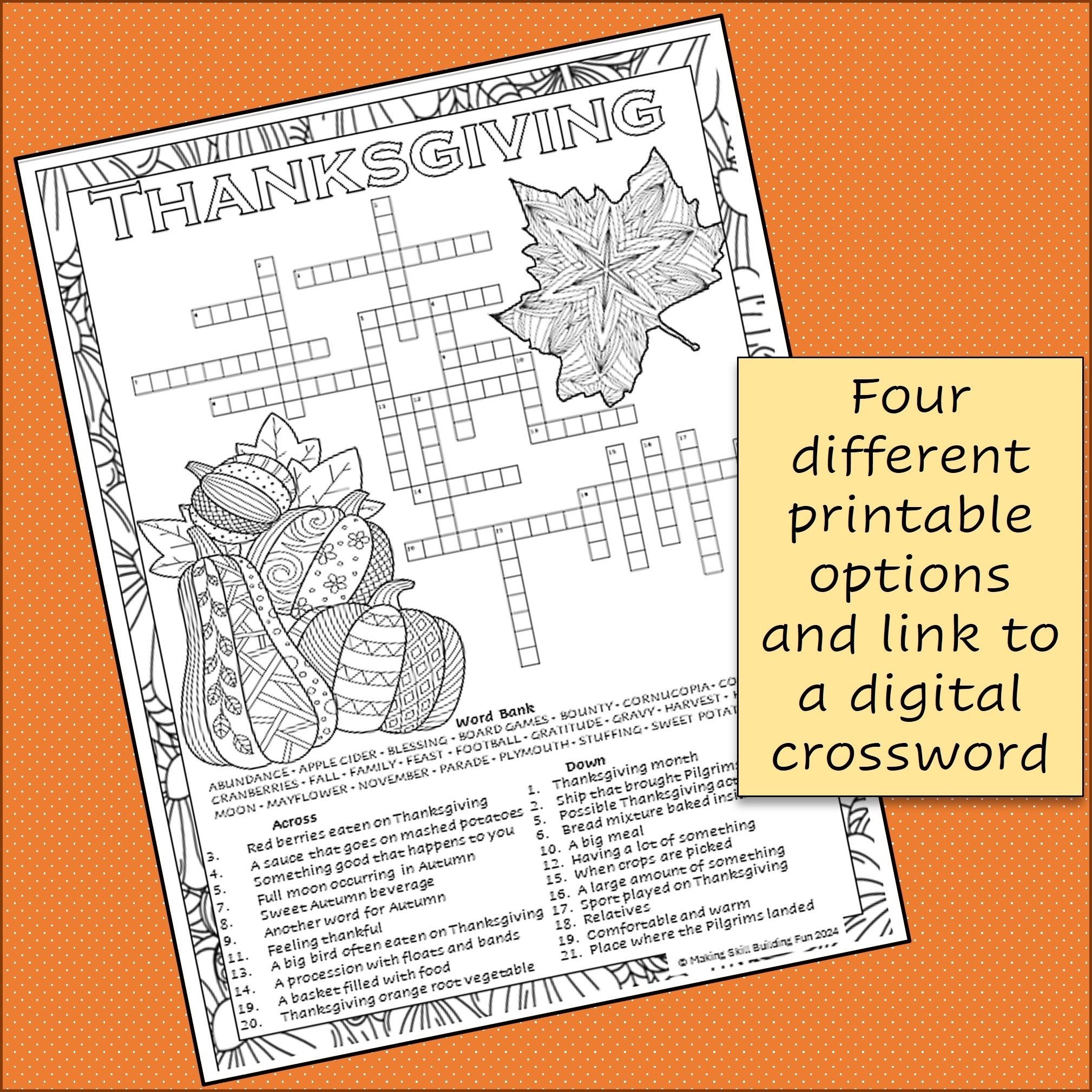 Thanksgiving Crossword Puzzle U0026 Coloring Page With Word Bank Printable U0026 Digital 3rd Grade 4th Grade 5th Grade Classful
