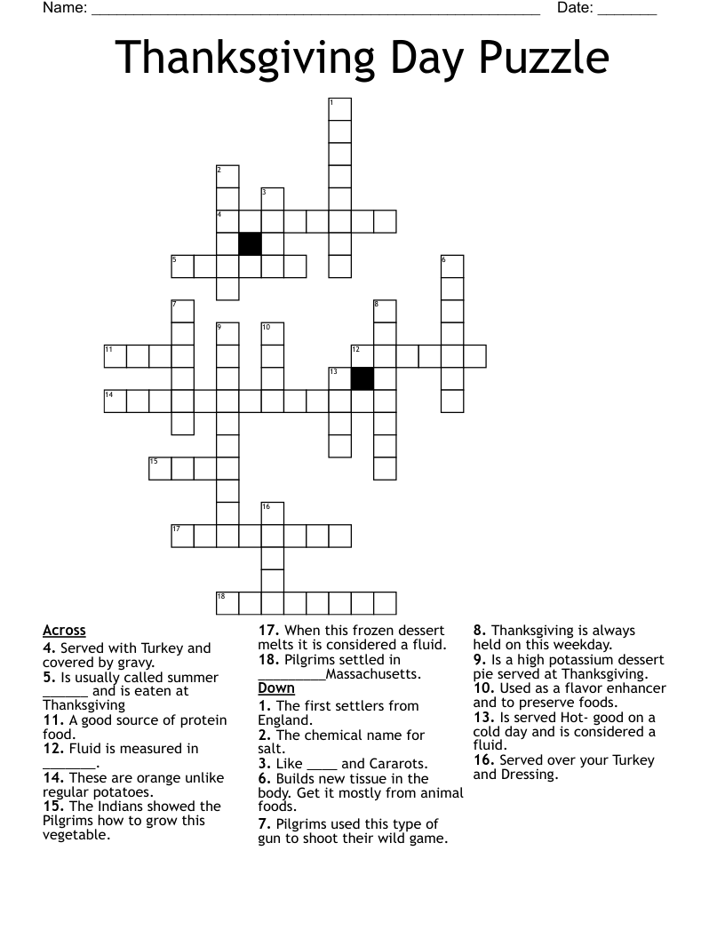 Thanksgiving Crossword Puzzle Free Printable