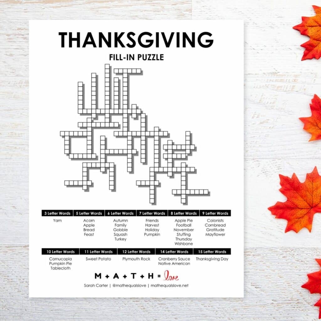 Crossword Puzzles Thanksgiving Printable