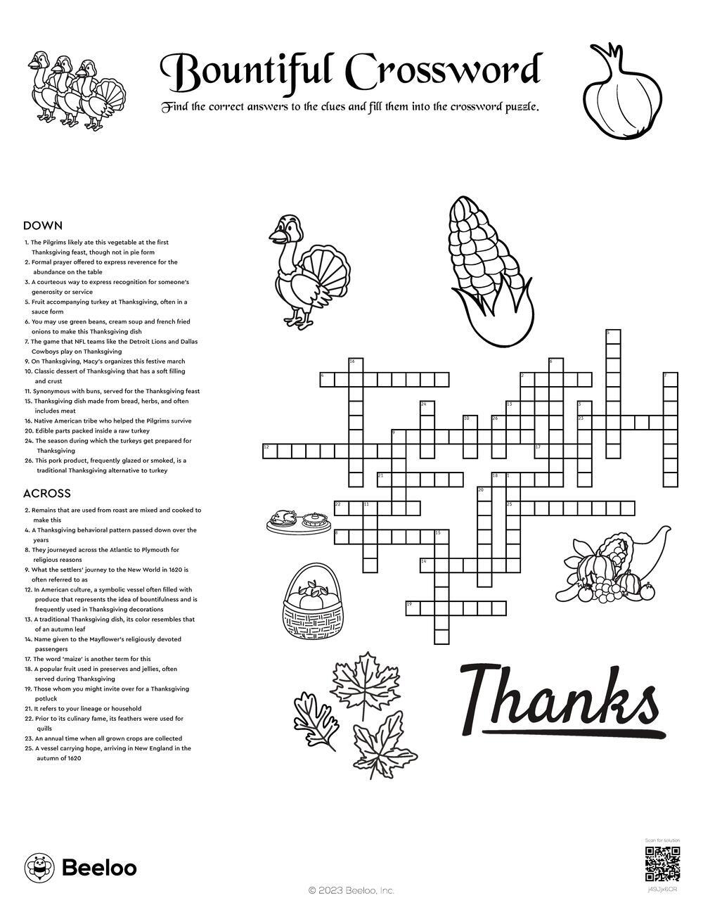 Printable Thanksgiving Crossword Puzzle
