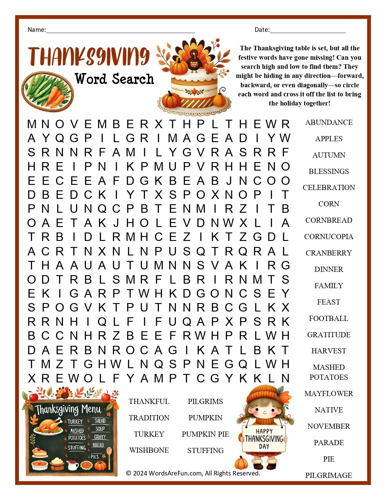 Thanksgiving Word Search Puzzles