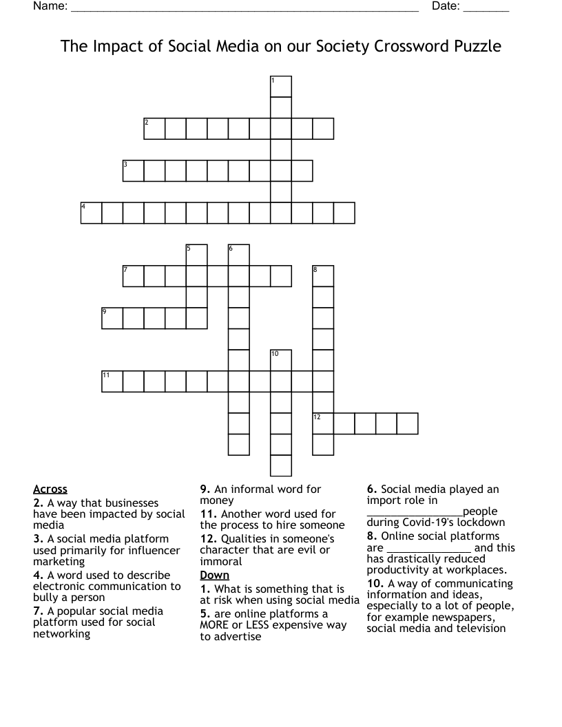 The Impact Of Social Media On Our Society Crossword Puzzle WordMint