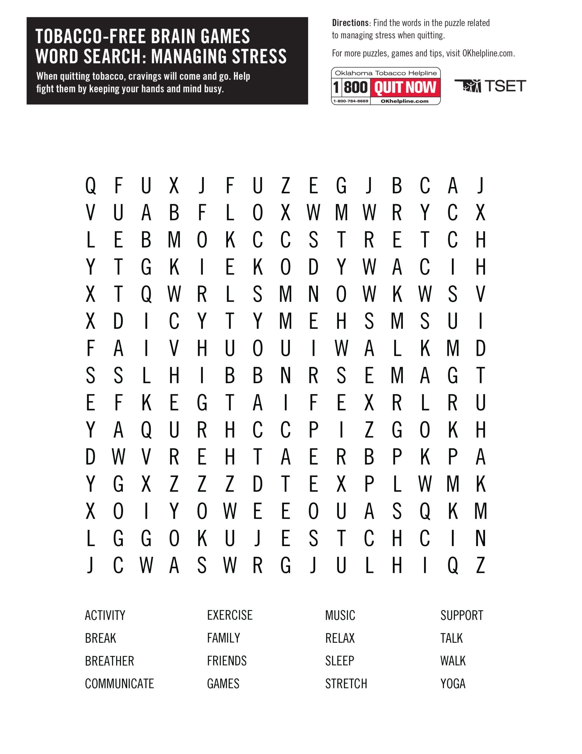 Tobacco Free Word Search Oklahoma Tobacco Helpline