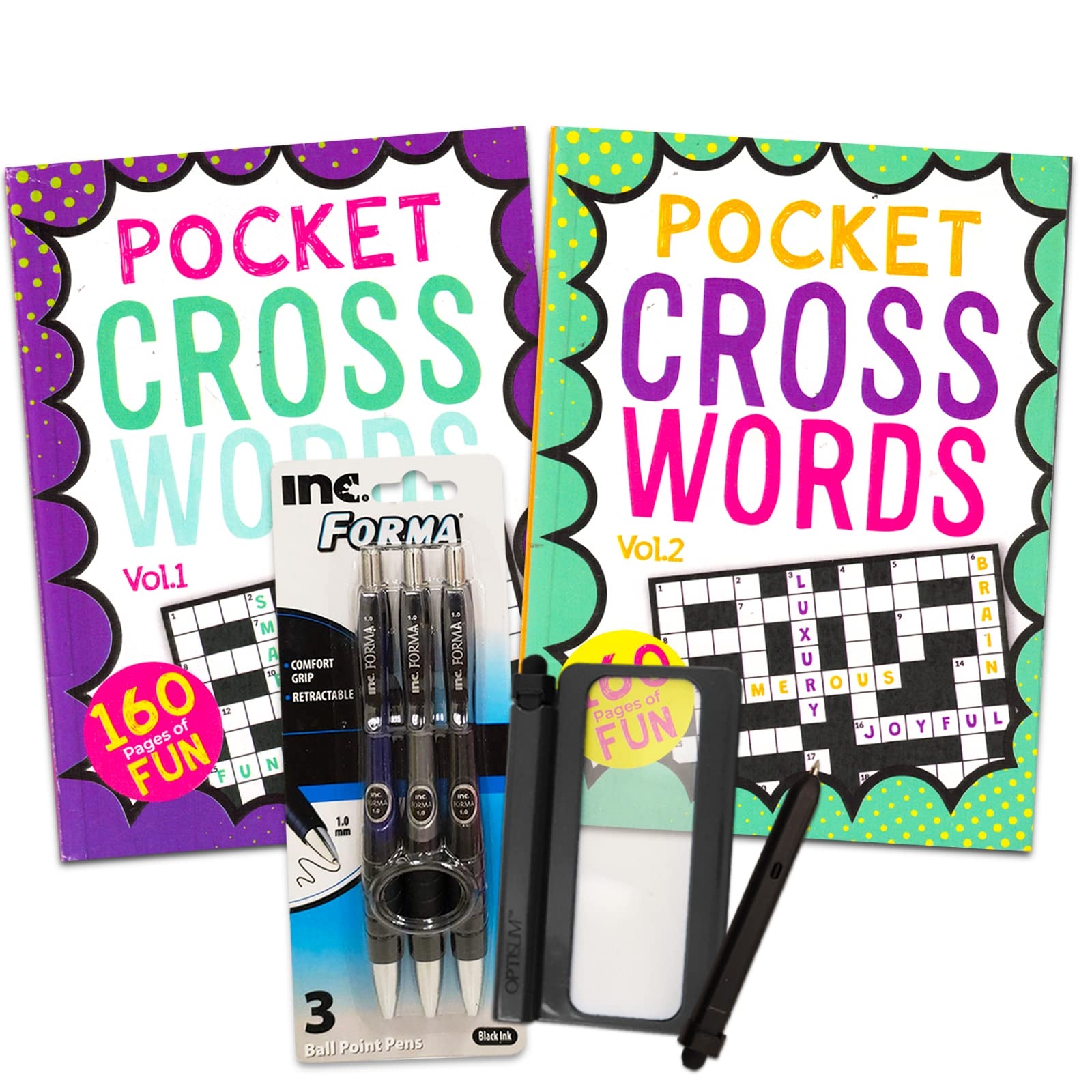 Travel Size Crossword Puzzle Book Set Bundle Of 2 Mini Crossword Puzzle Books With 160 Pages Each Plus Pens And Magnifier 300 Crossword Puzzles Crossword Puzzle Books For Adults Travel