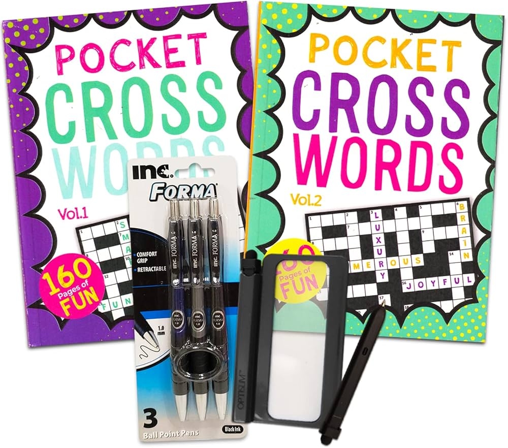 Travel Size Crossword Puzzle Book Set Bundle Of 2 Mini Crossword Puzzle Books With 160 Pages Each Plus Pens And Magnifier 300 Crossword Puzzles Crossword Puzzle Books For Adults Travel