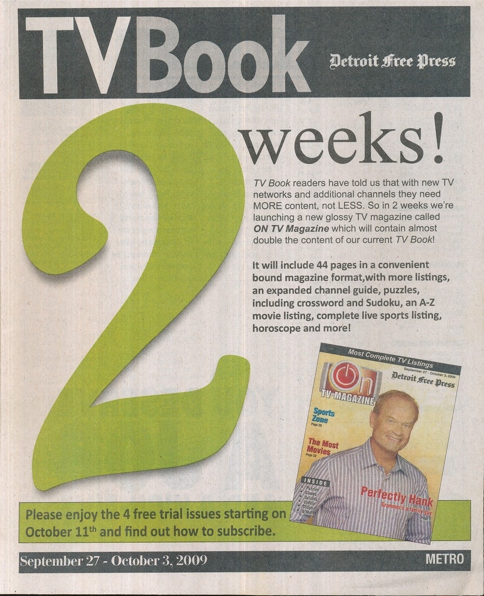 TV BOOK DETROIT FREE PRESS 2009 SEPT 27 OCT 3 2 WEEKS FAIR GOOD COND EBay