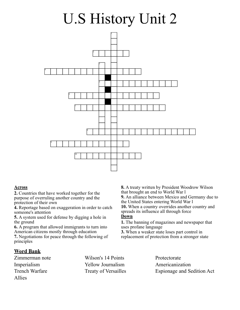 U S History Unit 2 Crossword WordMint
