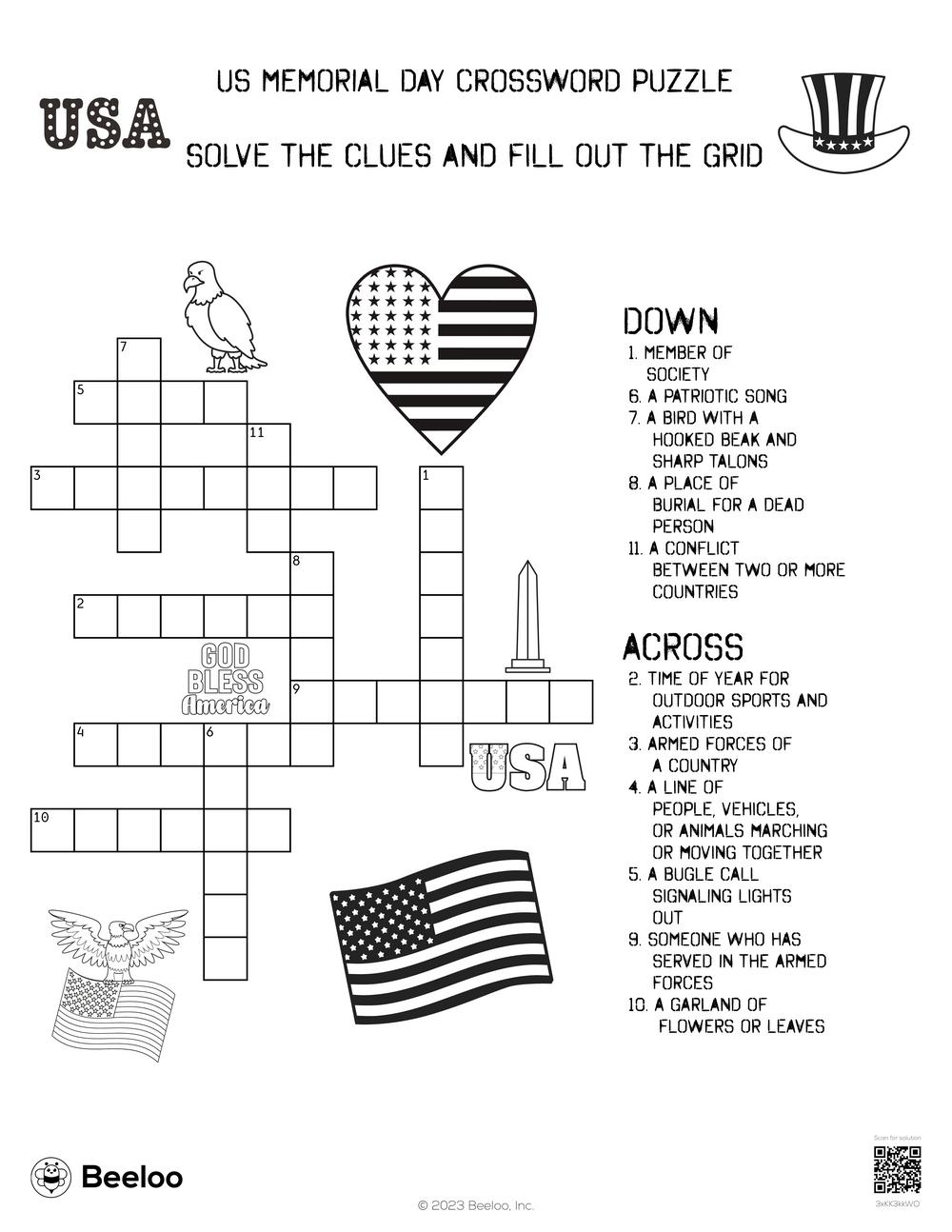 US Memorial Day Crossword Puzzle Beeloo Printable Crafts And Activities For Kids