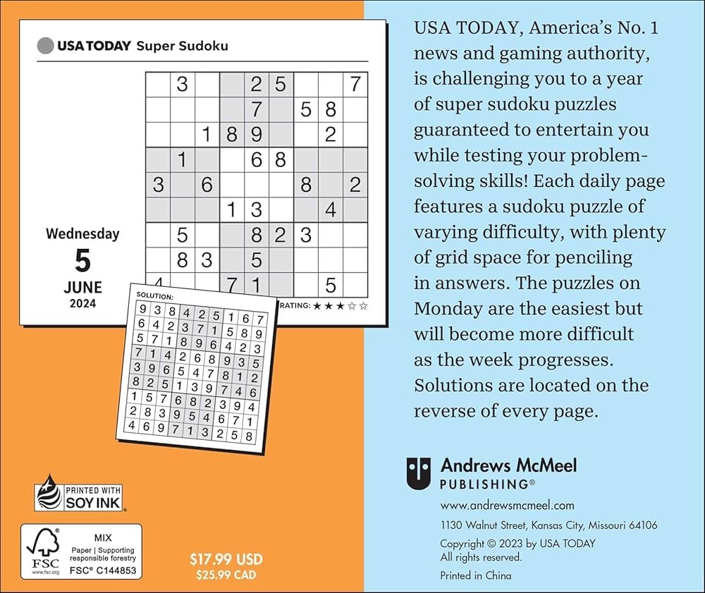 USA TODAY Super Sudoku 2024 Day to Day Calendar USA TODAY 9781524884123 Amazon Books