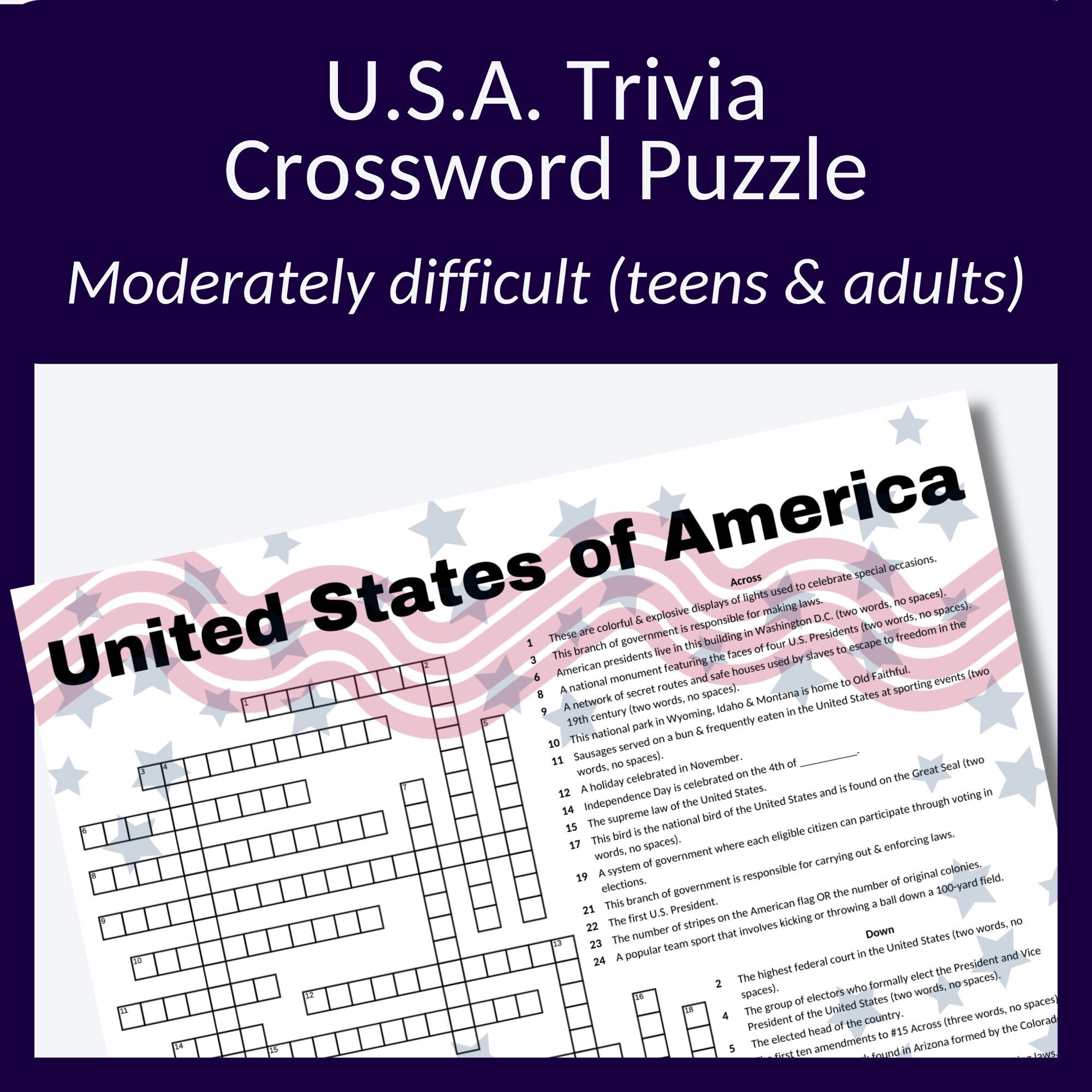 USA Trivia Crossword Puzzle For Fourth Of July Parties Family Reunion Game Or Just For Fun This Cross Word Puzzle Is Best For Ages 10 Etsy