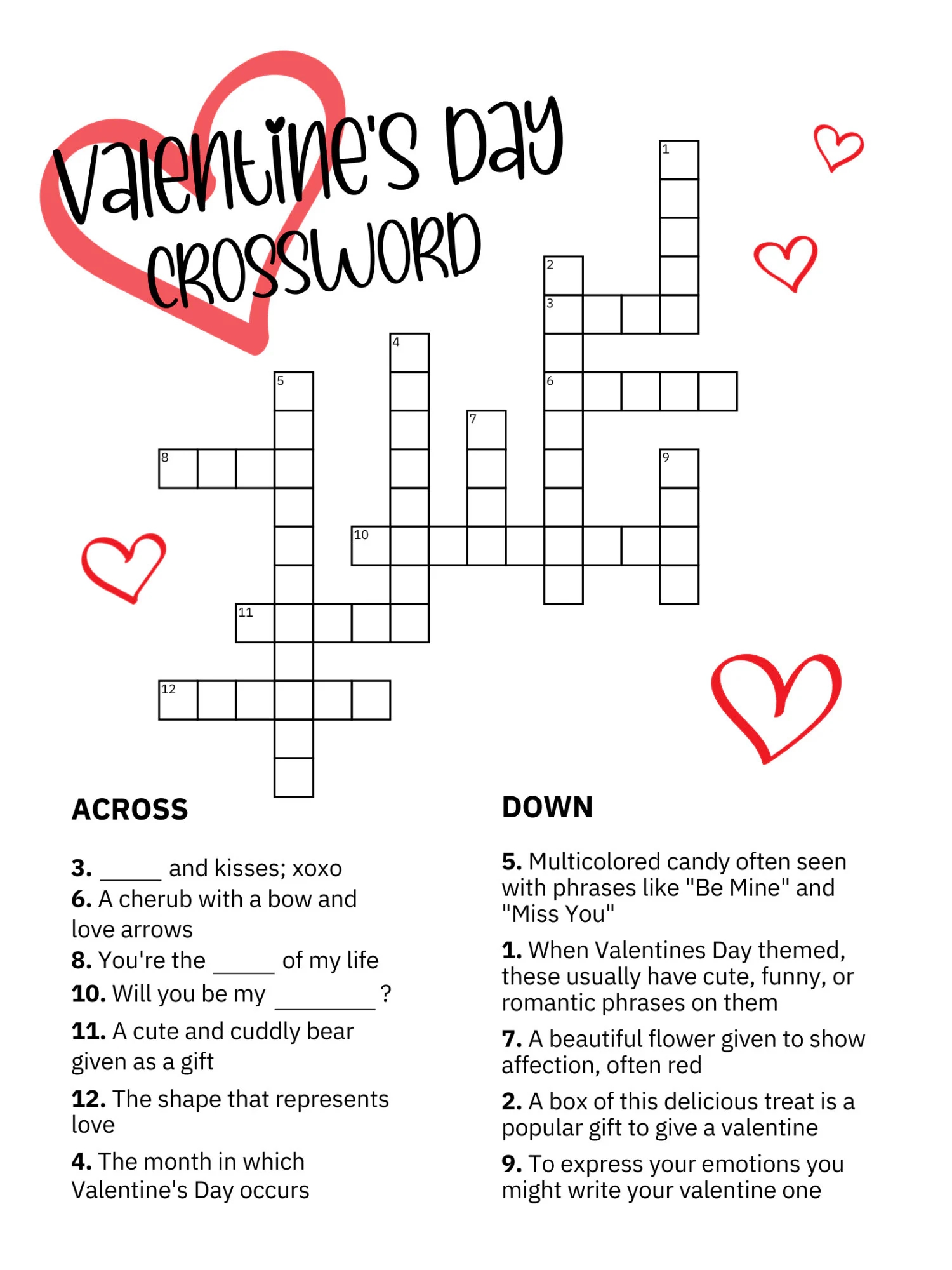 Valentine s Day Crossword With Answer Key Printable Valentine s Day Crossword Valentine s Day Activities For Kids Printable Games Etsy