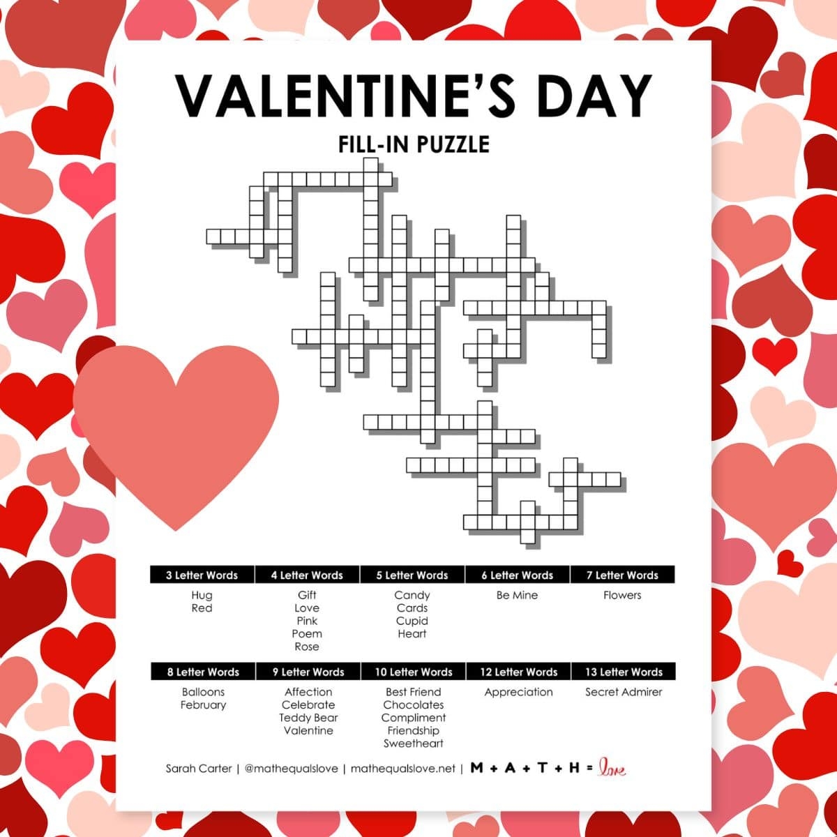 Valentine s Day Fill In Puzzle Math U003d Love