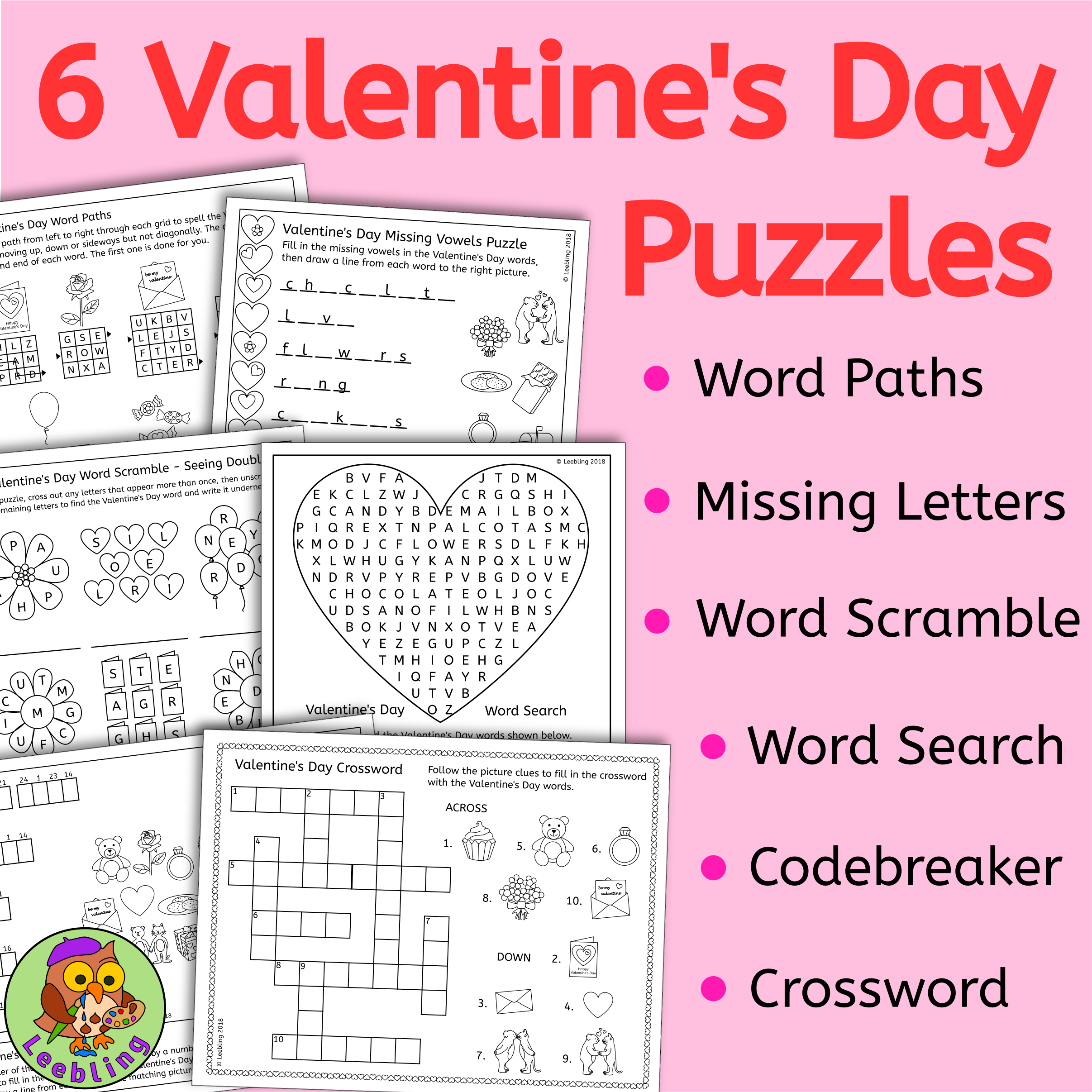Valentine s Day Puzzle Activities Crossword Word Search And 