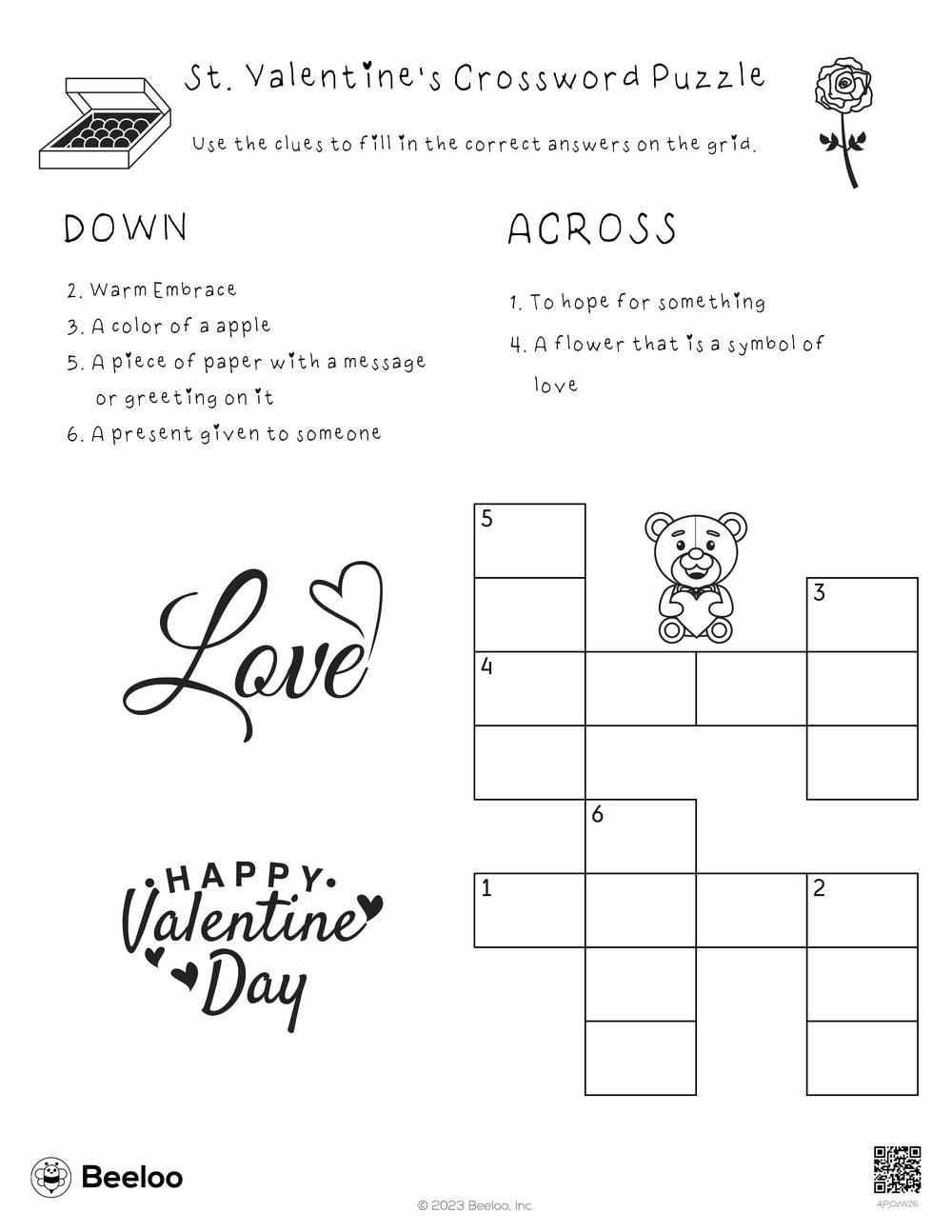 Valentine themed Crossword Puzzles Beeloo Printable Crafts And Activities For Kids