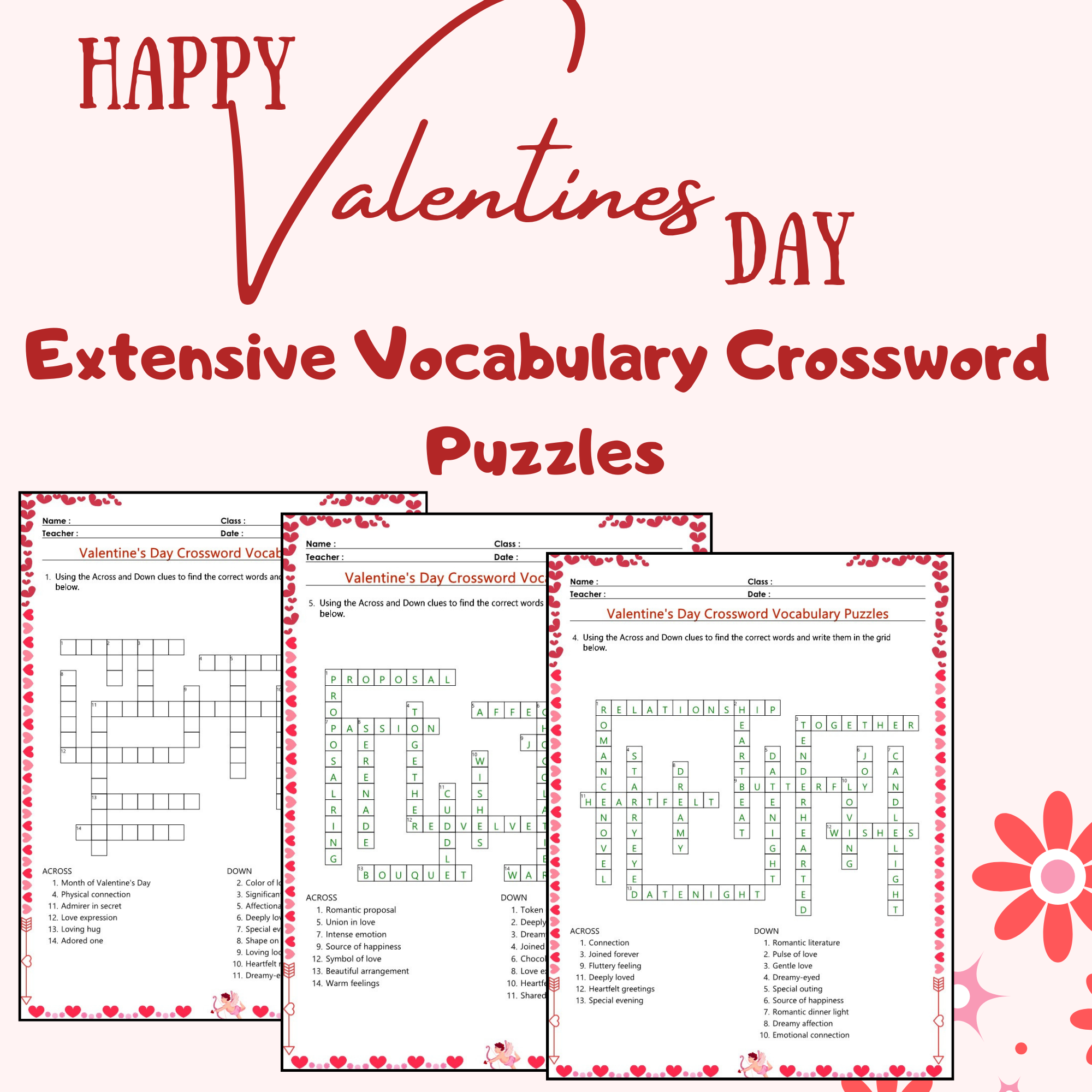 Valentines Day Crossword Vocabulary Puzzle No Prep Activity 