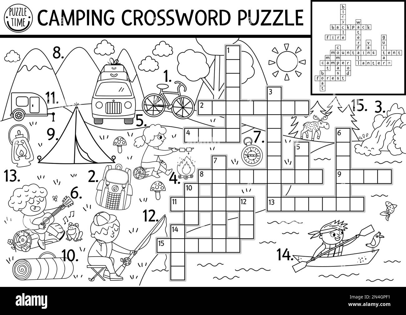 Vector Black And White Camping Crossword Puzzle Simple Forest Summer Camp Outline Quiz For Children Educational Activity With Kids Fishing Hiking Stock Vector Image Art Alamy