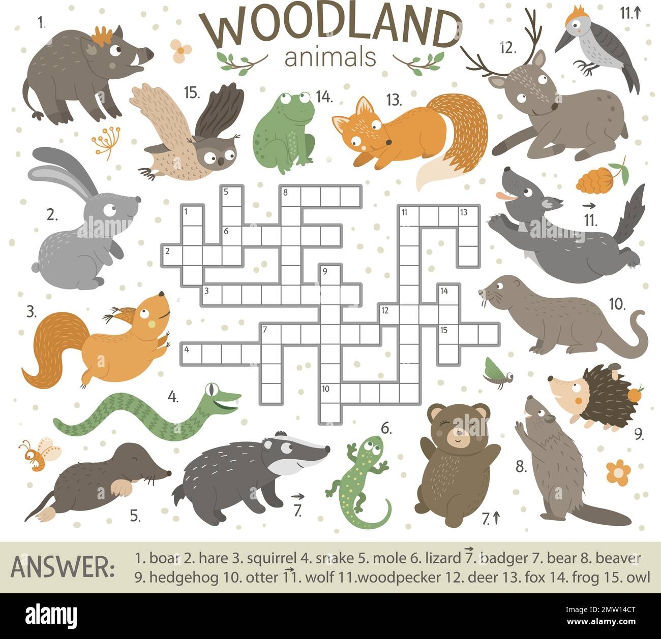 Vector Crossword Puzzle With Forest Animals Bright And Colorful Quiz For Children Educational Activity With Fox Wolf Bear Squirrel Hare Deer Stock Vector Image Art Alamy