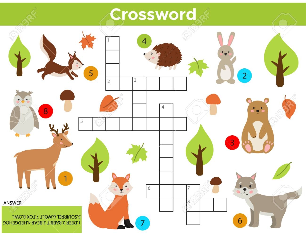 Vector Forest Animals Crossword In English Education Game For Children With Answer Printable Worksheet Cute Cartoon Rabbit Fox Wolf Squirrel Owl Bear Deer Hedgehog Royalty Free SVG Cliparts Vectors And Stock Illustration 