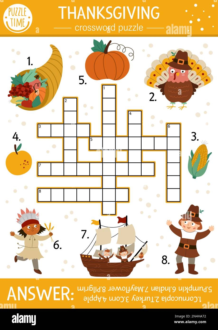 Vector Thanksgiving Crossword Puzzle For Kids Simple Autumn Quiz With Traditional Symbols For Children Educational Activity With Turkey Pilgrim Pu Stock Vector Image U0026 Art Alamy