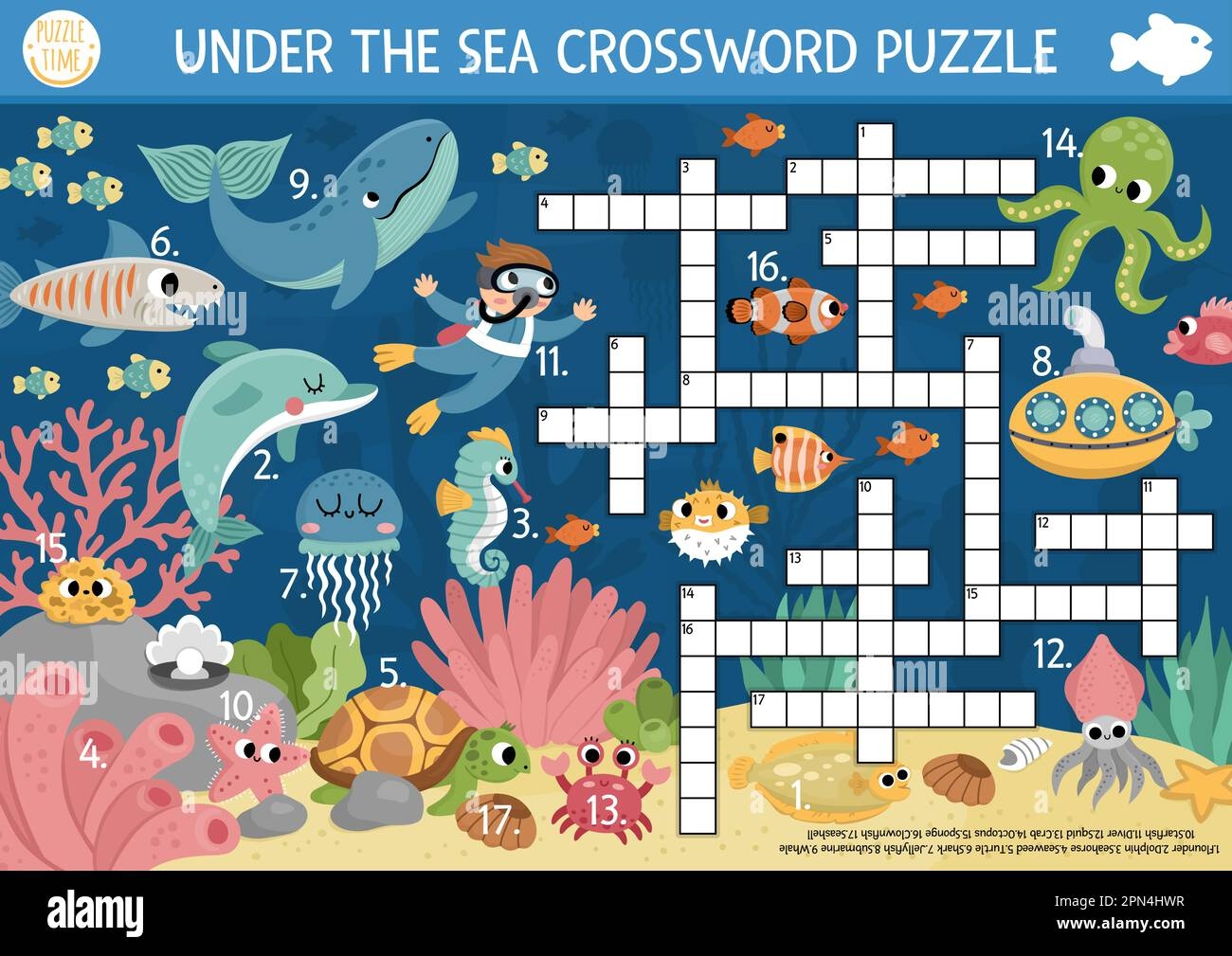 Vector Under The Sea Crossword Puzzle For Kids Simple Ocean Life Quiz With Marine Landscape For Children Educational Activity With Fish Submarine Stock Vector Image Art Alamy