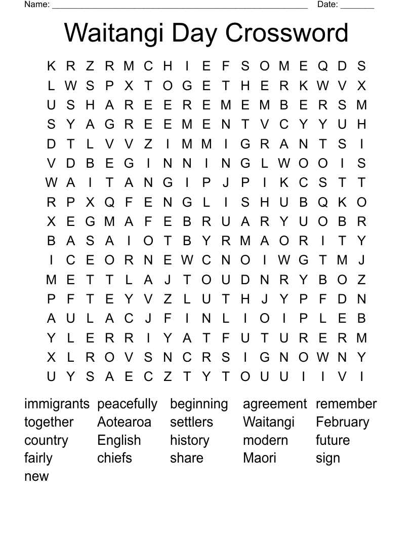 Waitangi Day Crossword Word Search WordMint
