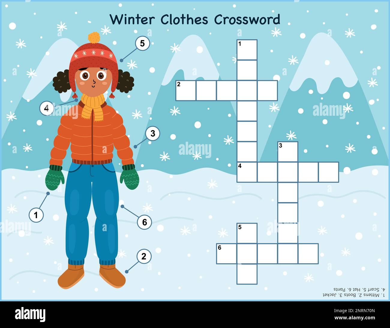 Winter Clothes Crossword Puzzle For Kids Educational Game With 