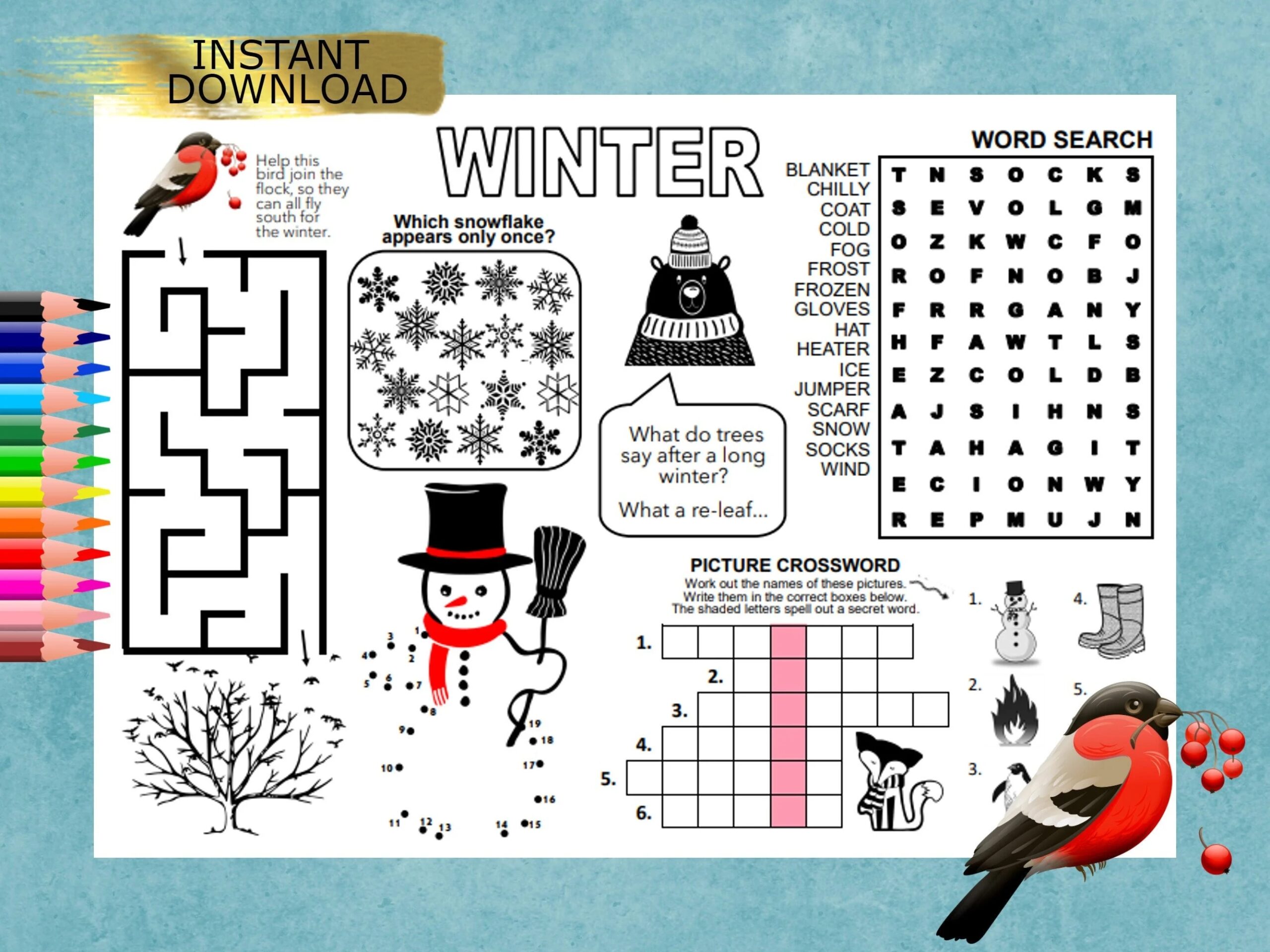 WINTER SEASON Puzzle Placemat PDF Crossword Puzzles Activity 