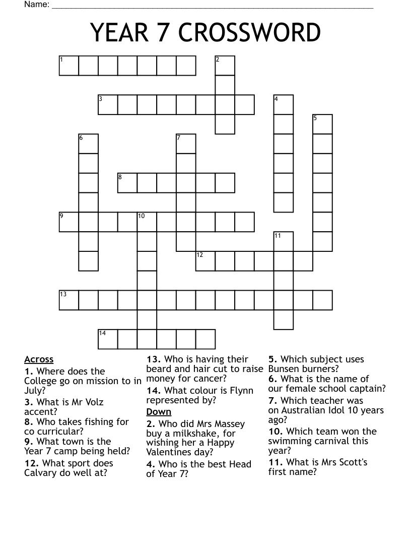 YEAR 7 CROSSWORD WordMint